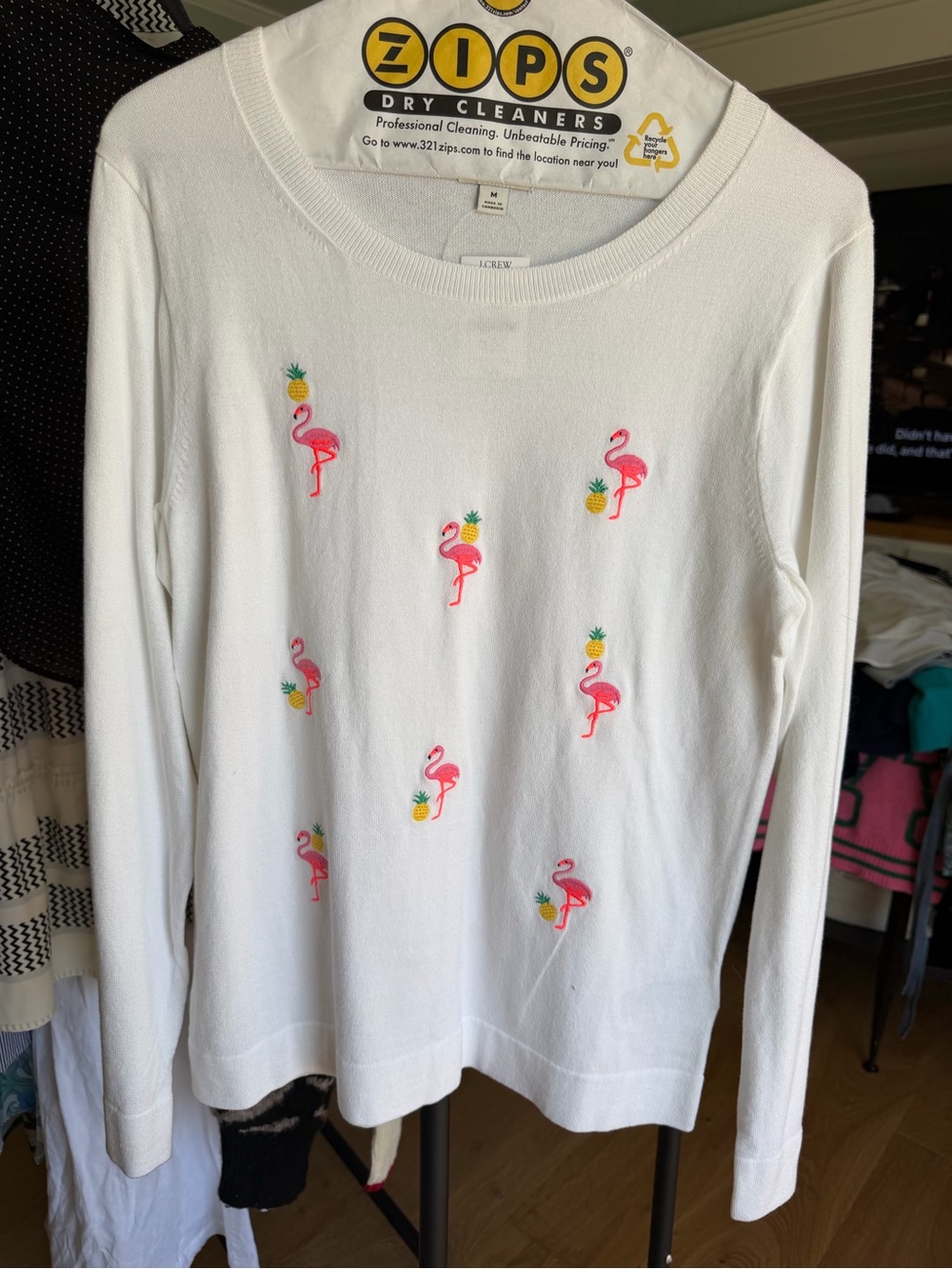 J. Crew White Crewneck Sweater with Pink Flamingo & Yellow Pineapple Embroidery